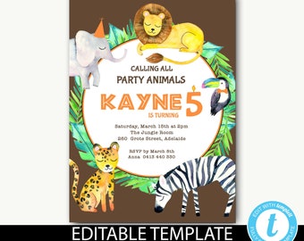 Jungle birthday invitations/Safari Invitations/Jungle animals/girl or boy birthday/zoo/1st/first/Editable template/Instant download-Kayne