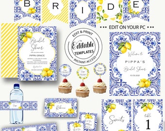 Party Package Editable Template/Bridal Shower Blue tile and lemon Party set/invitation/welcome sign/bunting/Editable template-Pippa