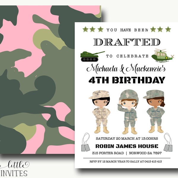 Pink Army Party Invitation/Pink Camo birthday invitation/Camouflage birthday invitation pink/solider invitation/Editable template-Mackenzie