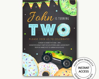 monster truck birthday invitation/donut birthday invitation/donut want to miss this/birthday invitation boy/printable/editable template-John