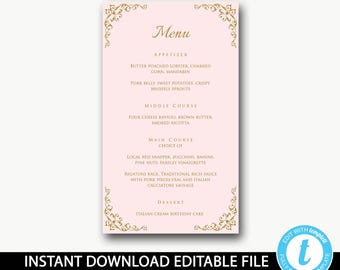 Menu template Instant Download / Menu instant download/Editable Menu file/pink and gold menu/printable/Editable template/baptism-Isabella