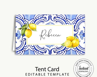 Place card template instant download/tent card/placecards/blue and white/blue tile lemons tent cards/printable/editable template-Pippa