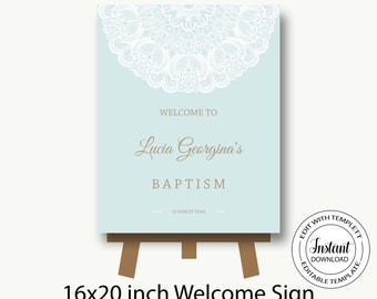 Baptism welcome sign Instant Download/lace welcome sign/Christening welcome sign 16x20/editable welcome sign/Editable template-Lucia