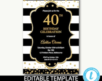 birthday invitation for women/birthday invitation for men/black and gold birthday invitation/Editable template/Instant download-Asthon