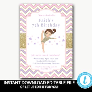 Gymnastic birthday Invitation instant download/Girls gymnastic invitations/pink purple gold/birthday invitation girl/Editable template-Faith