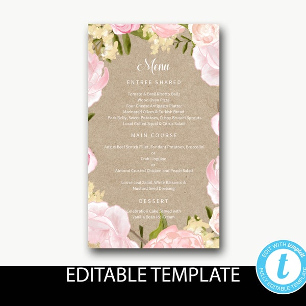 Menu template Instant Download / Menu instant download/floral menu/shabby chic menu/kraft menu template/Rustic/Editable template-Genevieve