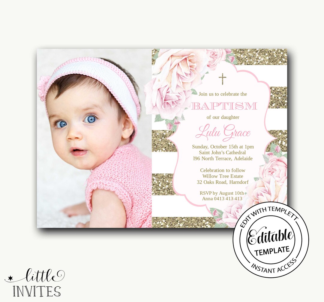 Baptism Invitation Girl Photo/baptism Invitation Instant Download/pink