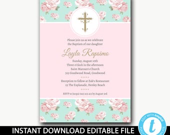 Girls baptism invitation/Shabby Chic invitation instant download/printable/christening invitation/First Holy Communion invitation-Laurina