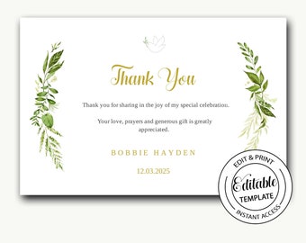 Thank you card instant download/leaf/baptism/communion/confirmation/greenery thank you/printable/4x6/editable template-Bobbie