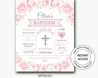 Baptism Milestone Sign/Baptism memory board/Baptism welcome sign/editable template/printable/floral baptism sign-Olisa Karrie Violet