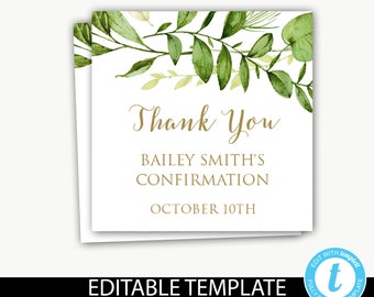Baptism favor tag greenery/Instant Download/editable template/thank you tags/bonbonniere/favor tags/christening/Holy Communion/leafy-Bailey