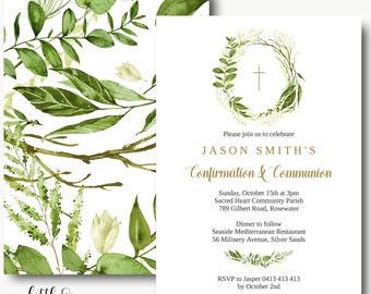 First Holy Communion and confirmation invitation/Unisex Invitation/Girl Boy baptism/greenery/wreath invitation/leaf/Editable template-Bailey