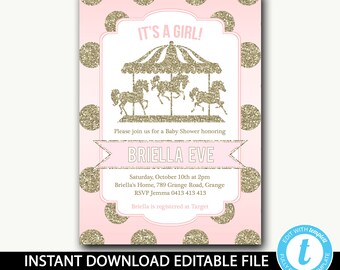 Carousel baby shower invitation/baby shower instant download/pink and gold baby shower invite/Carousel invitation/Editable template-Briella