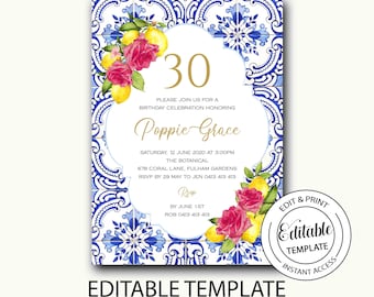 birthday invitation for her/lemon tile invitation/citrus birthday theme/instant download/positano invitation/Editable template-Poppie Poppy