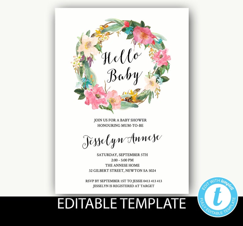 Baby shower invitationivory baby shower invitationfloral invitationunisex baby showerEditable templateInstant download-Jesselyn