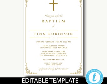 Unisex Baptism Invitation/Instant Download/Baptism Invitation Girls Boys/White and Gold/Editable template/christening/Holy Communion-Finn