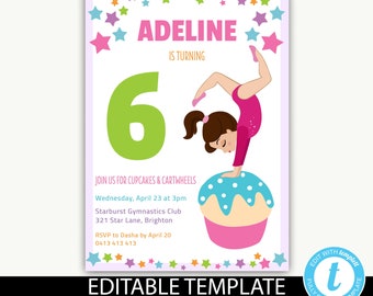 Gymnastic birthday Invitation instant download/gymnastic invite/Girls birthday invitationcupcakes and cartwheels/Editable template-Adeline