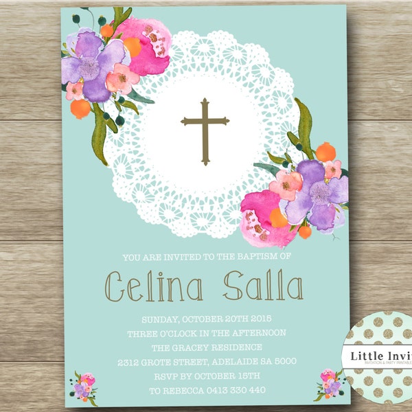 Baptism Invitation/Mint and gold Girls baptism invitation/DIY printable/christening invitation/Girls Baptism/Baptism thank you card-Celina