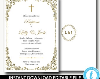 Baptism invitation boy and girl/baptism invitation instant download/gold white invitation/printable/christening/Edit template-Lilly & Jack