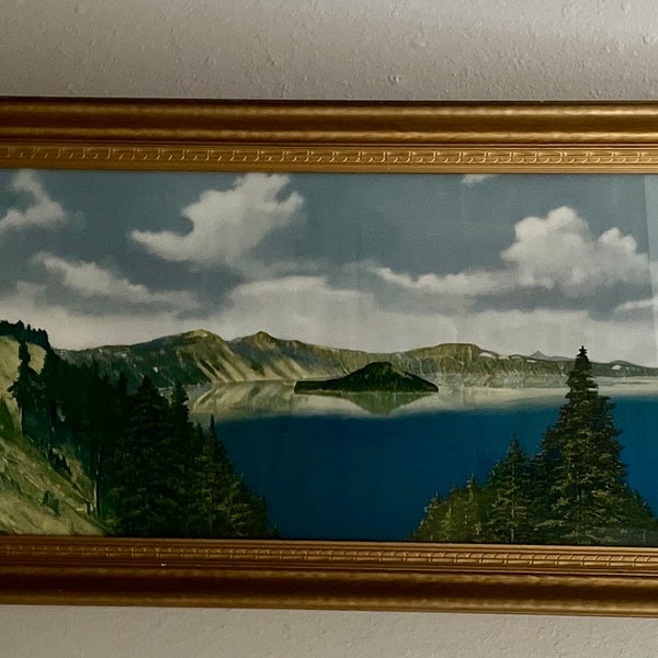 1920s Panoramic Hand Tinted Photo Crater Lake, Crater Lake Lodge & Wizard Island Historic Oregon National Park - Beautifully framed