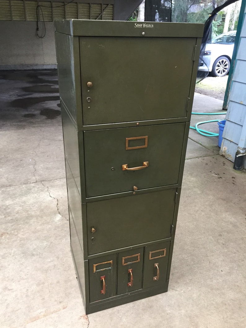 Antique Metal Shaw Walker File Cabinet Stackable Military Green Not Your Ordinary Modern Industrial