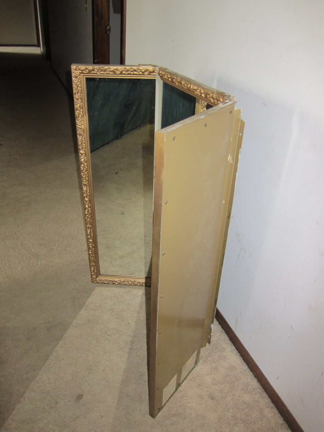 Vintage TriFold Vanity Mirror Large Ornate Frame Gold Trim Etsy