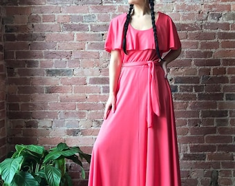 vintage 70s maxi dress | ALISON AYERS Original polyester drape collar belted gown