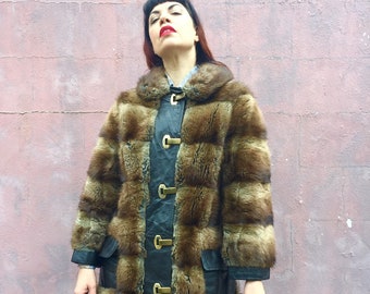 vintage 60s west german fur coat | 1960s brown fur and leather coat | sable mink fur jacket | large metal clip closures and leather pockets