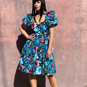 vintage 80s floral party dress | DBY Ltd puff shoulder dress | sweetheart neckline and princess waist tulle skirt with bow