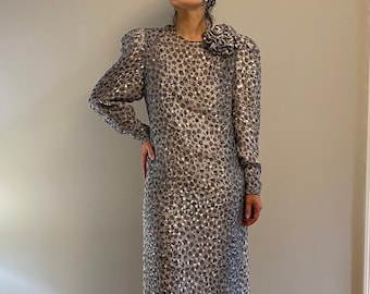 80s RICHILENE silk chiffon cocktail dress | animal print silver lamé with burnout velvet | long sleeve evening dress