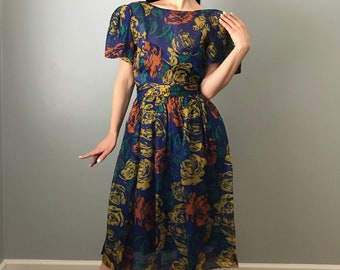 80s ALBERT NIPON silk chiffon floral print cocktail dress | poof shoulders full skirt dress