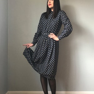 50s dress navy blue polka dot silk dress with bow 50s pin up dress image 1