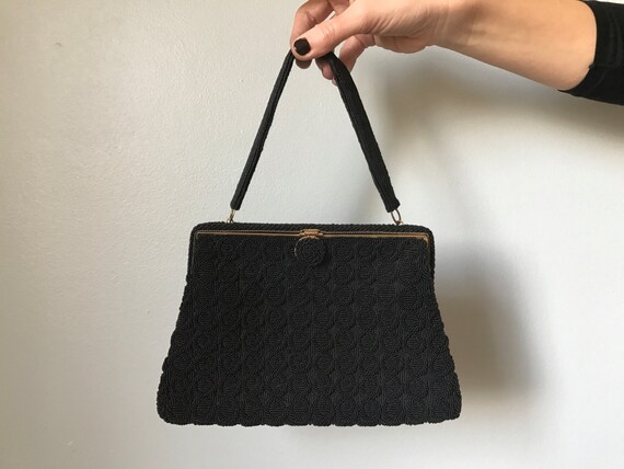 60s beaded handbag | black glass beaded handbag
