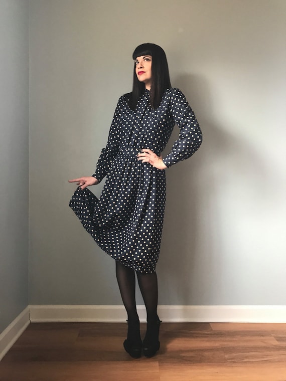 50s dress navy blue polka dot silk dress with bow… - image 1