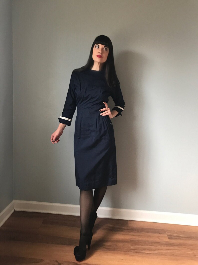 50s dress navy sailor wiggle dress pinup dress image 1