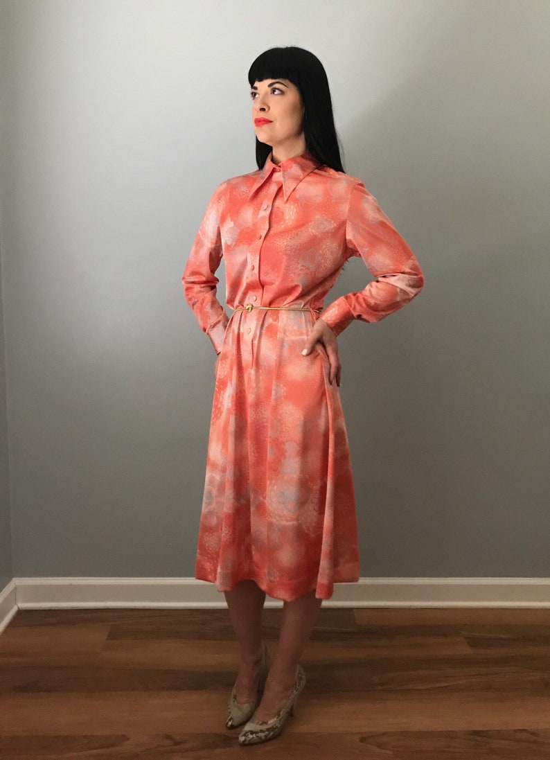 70s LANVIN floral print shirt dress butterfly collared coral long sleeve dress image 5