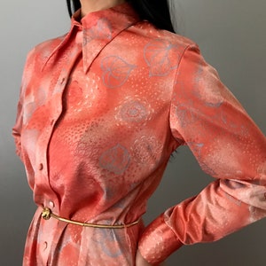 70s LANVIN floral print shirt dress butterfly collared coral long sleeve dress image 2