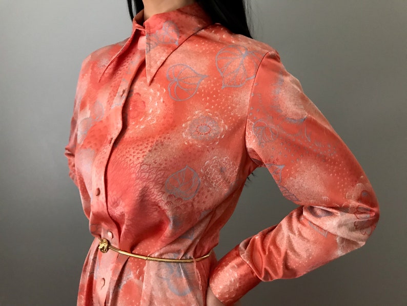 70s LANVIN floral print shirt dress butterfly collared coral long sleeve dress image 2