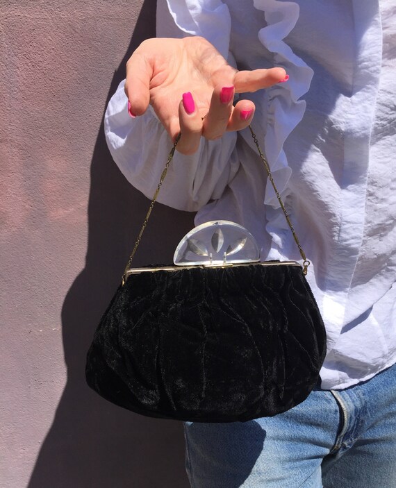 30s evening bag | black velvet purse with lucite c