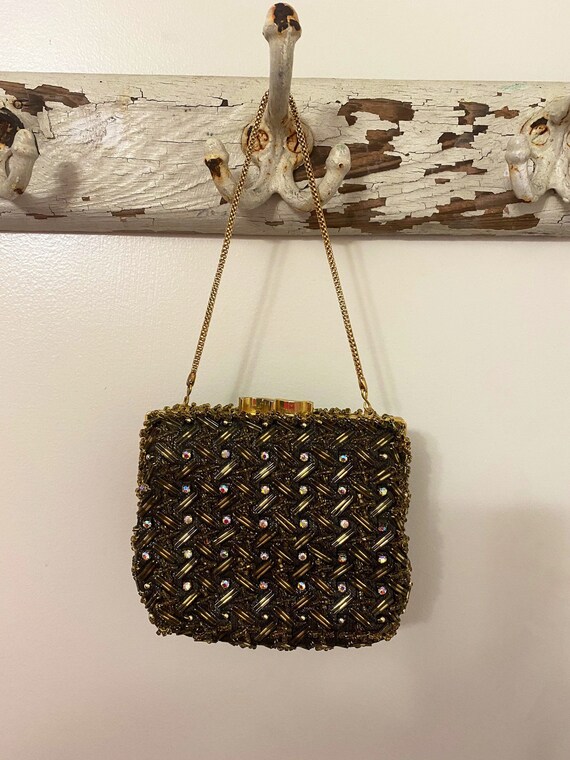 60s WALBORG evening bag | gold beaded and rhinesto