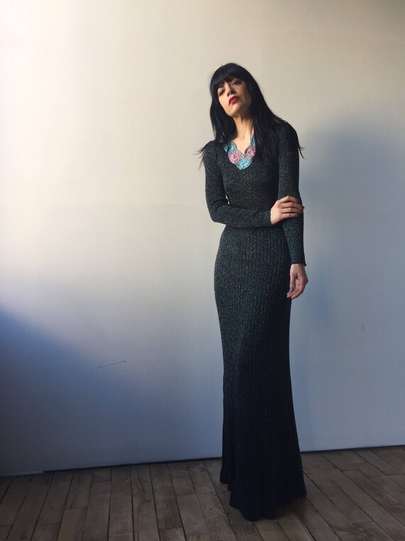 70s WENJILLI black maxi dress | metallic knit gown
