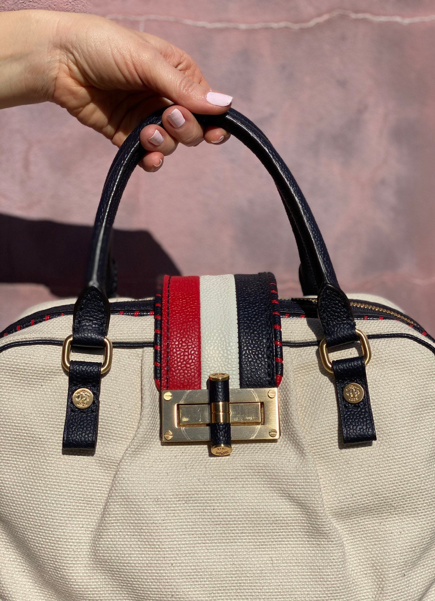 BLACK FLEECE 、thom browneボストンバッグ THOM BROWNE Black Fleece Nautical Style Satchel | Cream