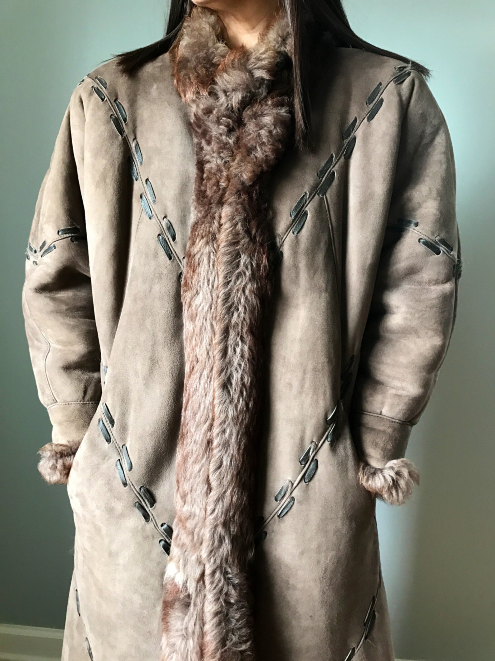 80s Fur Coat Genuine SHEARLING FUR LAMBSKIN Leather Suede Long Maxi