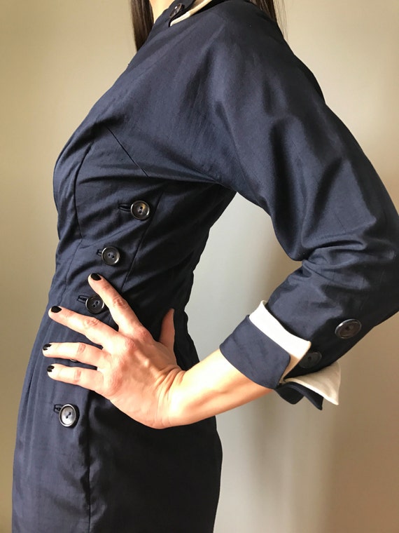 50s dress | navy sailor wiggle dress | pinup dress - image 2