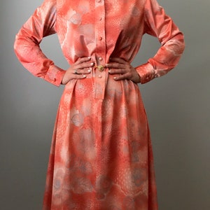 70s LANVIN floral print shirt dress butterfly collared coral long sleeve dress image 3