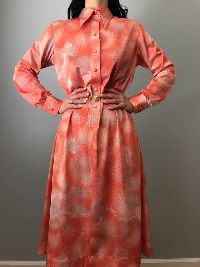 70s LANVIN floral print shirt dress butterfly collared coral long sleeve dress image 3
