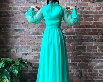 Vintage 70s MISS ELLIETTE Maxi Dress | Long Sleeve Chiffon Cocktail Gown