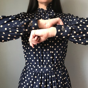 50s dress navy blue polka dot silk dress with bow 50s pin up dress image 5