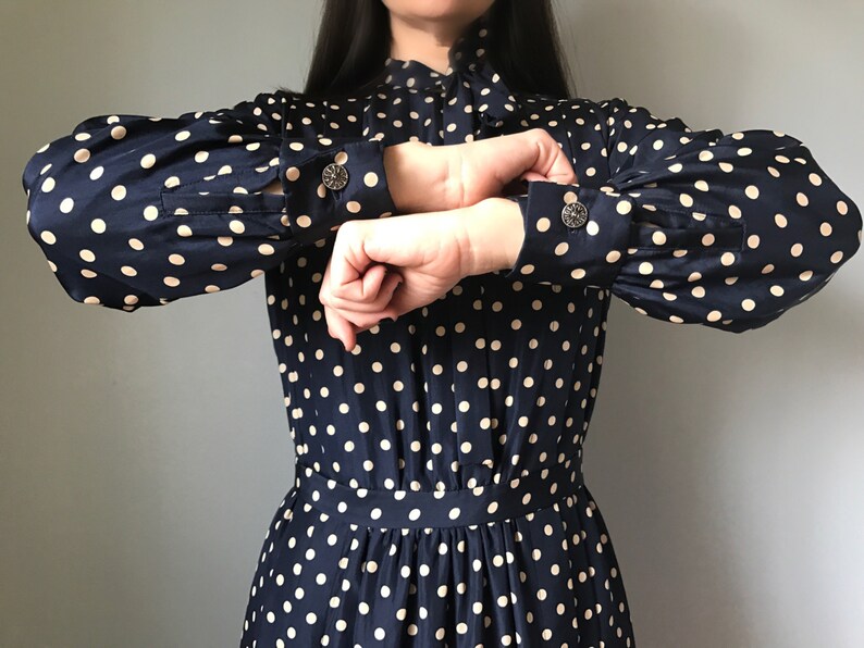 50s dress navy blue polka dot silk dress with bow 50s pin up dress image 5