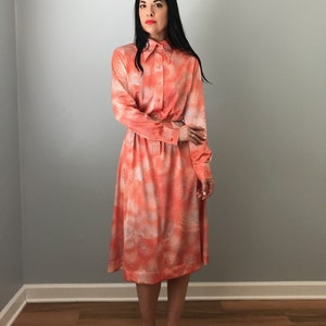 70s LANVIN floral print shirt dress butterfly collared coral long sleeve dress image 1